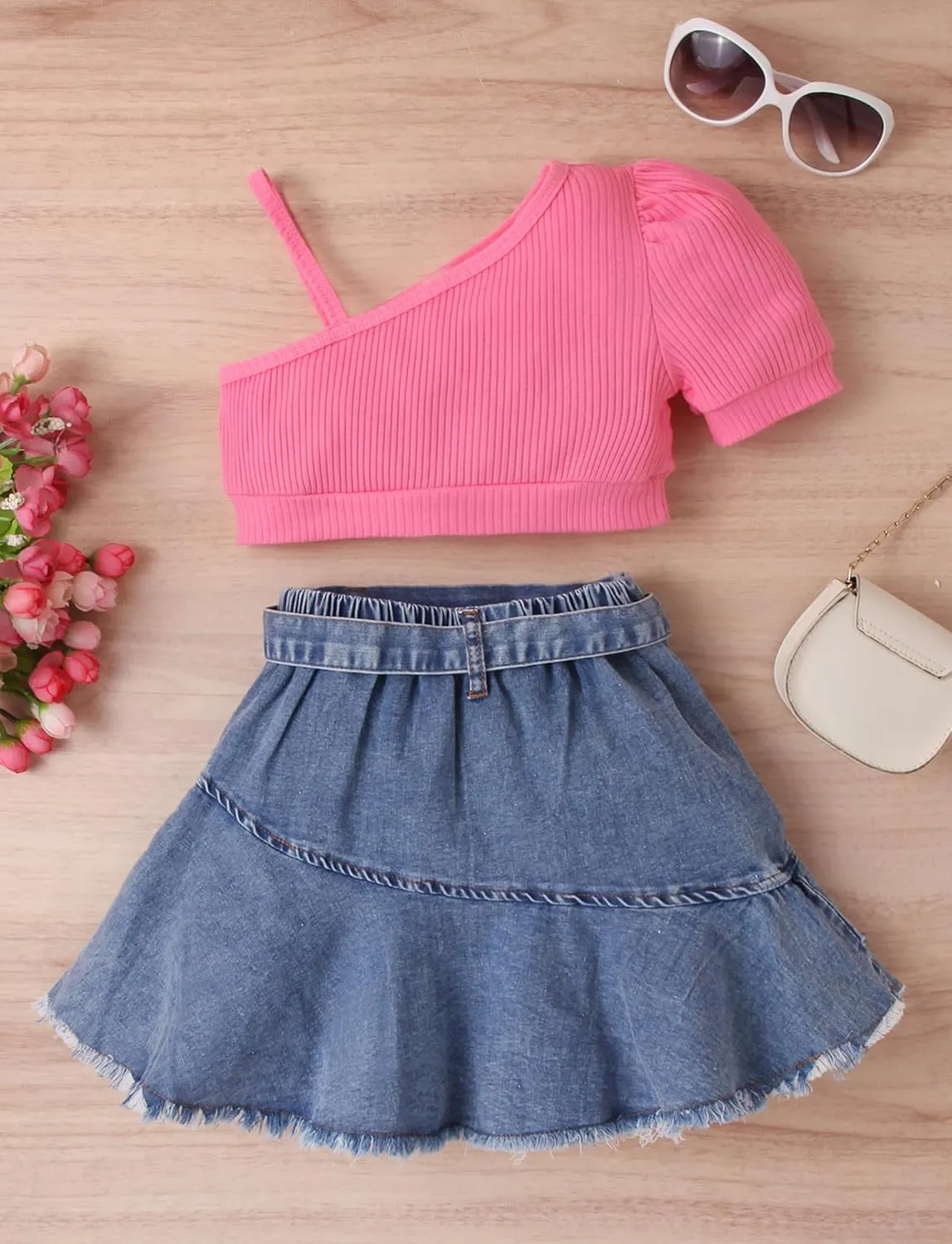 SEAUR Girls 2 Piece Outfit Summer One Shoulder Crop Tops and Denim Pleated Skirts Set