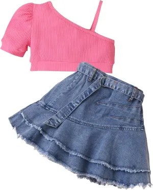SEAUR Girls 2 Piece Outfit Summer One Shoulder Crop Tops and Denim Pleated Skirts Set