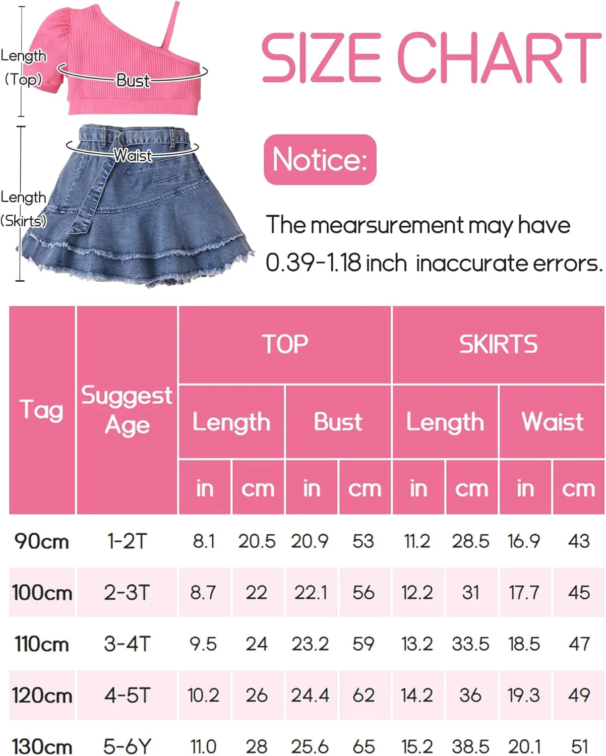 SEAUR Girls 2 Piece Outfit Summer One Shoulder Crop Tops and Denim Pleated Skirts Set
