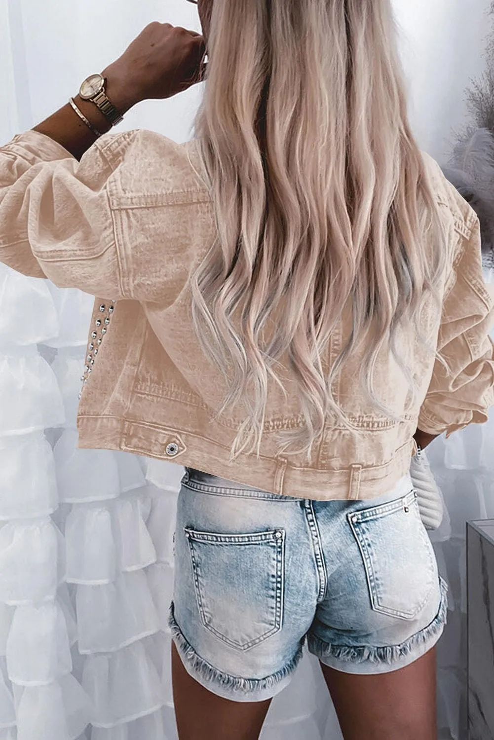 SELINK Denim Jean Jacket for Women Casual Rivet Studded Pocketed Denim Jacket Long Sleeve Collar Jean Coat