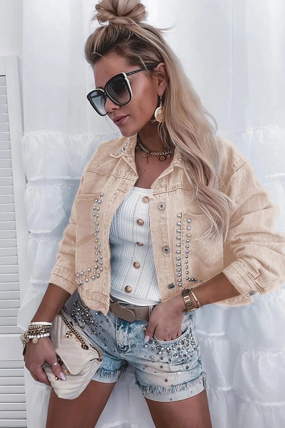 SELINK Denim Jean Jacket for Women Casual Rivet Studded Pocketed Denim Jacket Long Sleeve Collar Jean Coat
