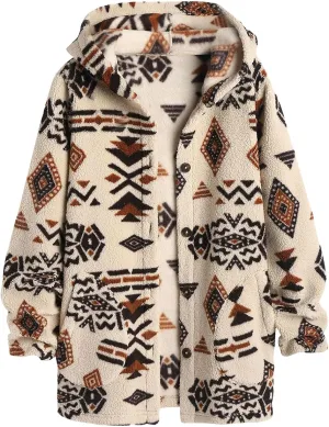 SELINK Womens Aztec Print Fleece Hoodie Jacket Button Down Shacket Casual Sherpa Coats Warm Outwear with Pockets