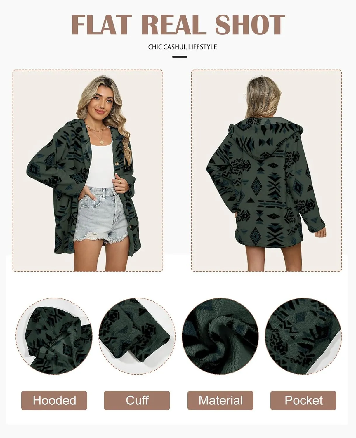 SELINK Womens Aztec Print Fleece Hoodie Jacket Button Down Shacket Casual Sherpa Coats Warm Outwear with Pockets