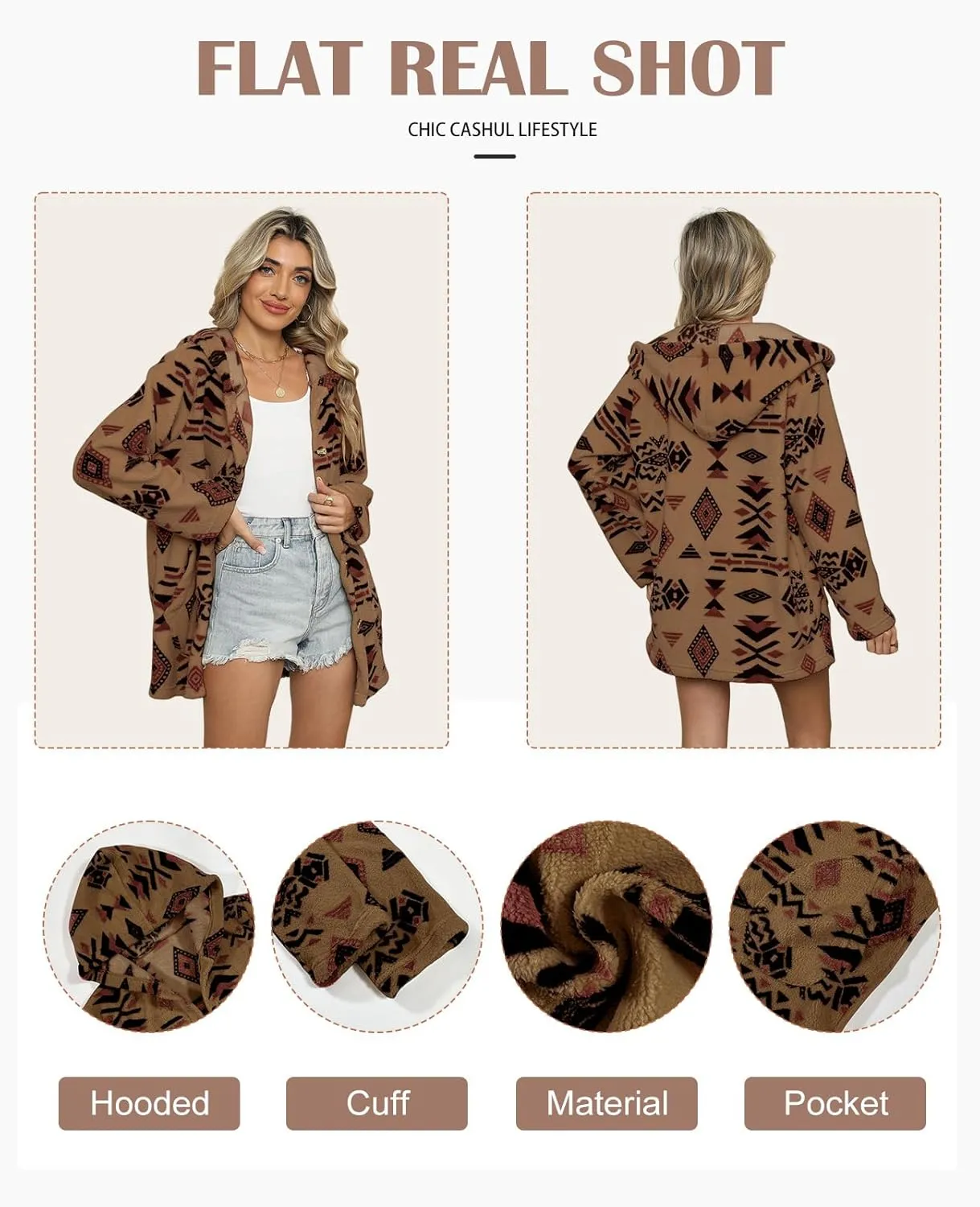SELINK Womens Aztec Print Fleece Hoodie Jacket Button Down Shacket Casual Sherpa Coats Warm Outwear with Pockets
