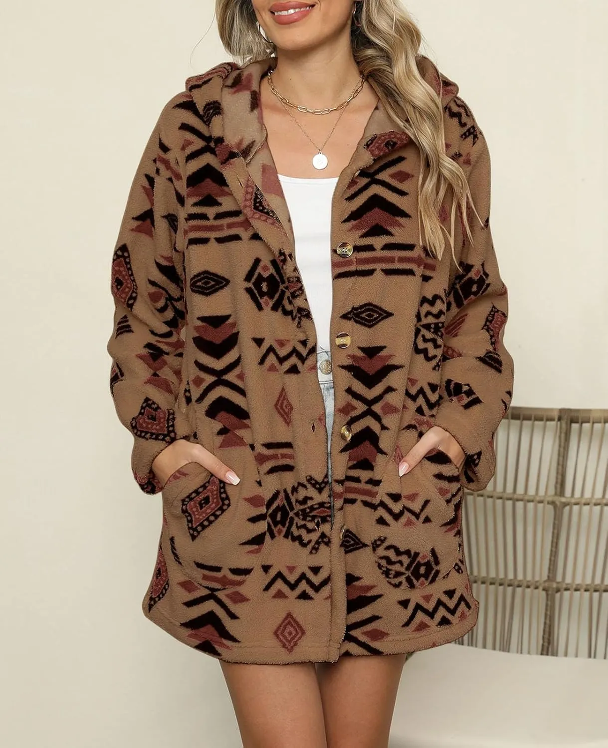 SELINK Womens Aztec Print Fleece Hoodie Jacket Button Down Shacket Casual Sherpa Coats Warm Outwear with Pockets
