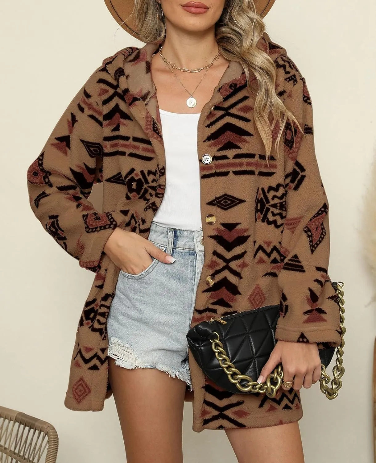 SELINK Womens Aztec Print Fleece Hoodie Jacket Button Down Shacket Casual Sherpa Coats Warm Outwear with Pockets