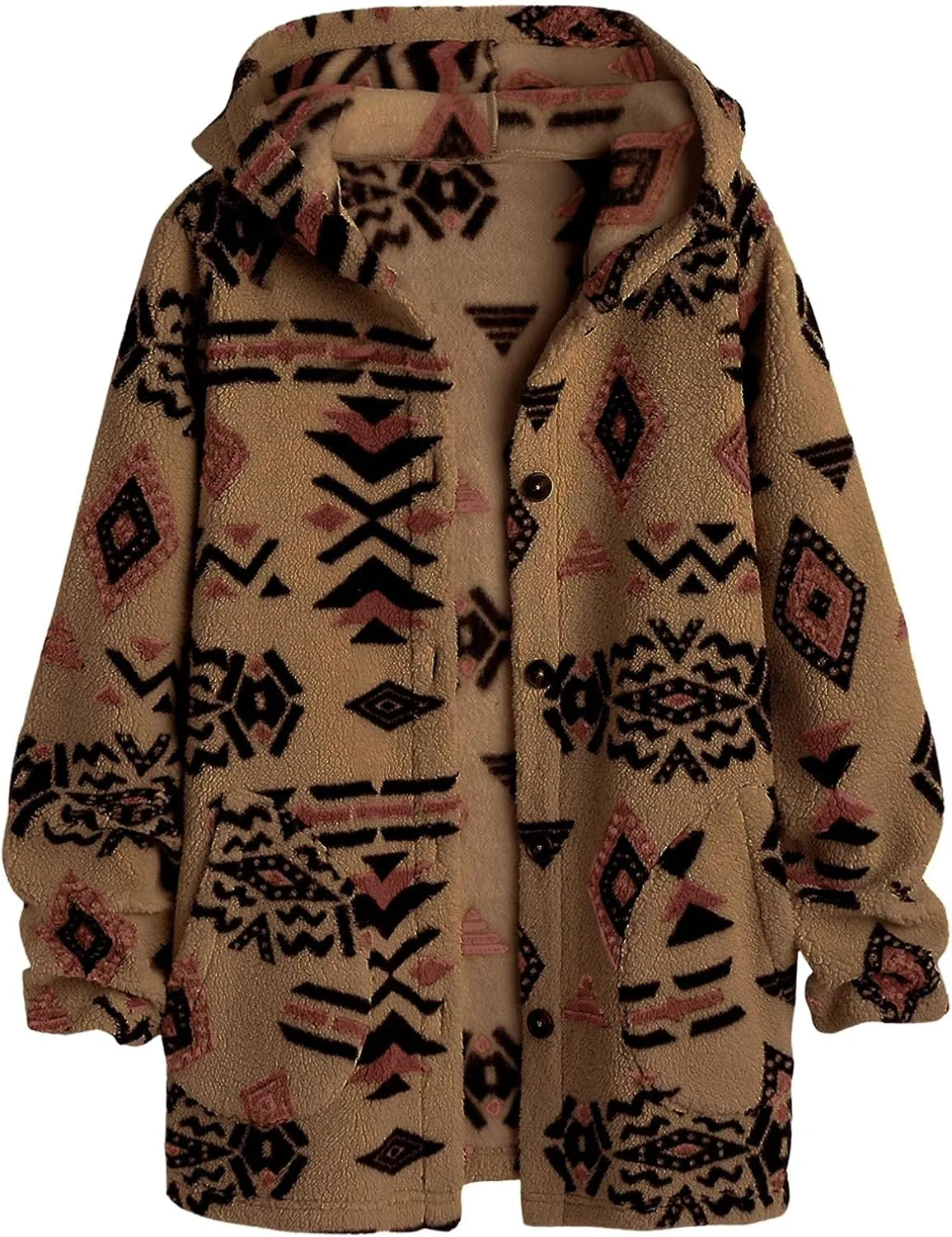 SELINK Womens Aztec Print Fleece Hoodie Jacket Button Down Shacket Casual Sherpa Coats Warm Outwear with Pockets