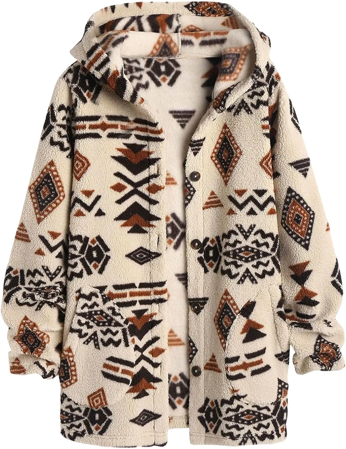 SELINK Womens Aztec Print Fleece Hoodie Jacket Button Down Shacket Casual Sherpa Coats Warm Outwear with Pockets