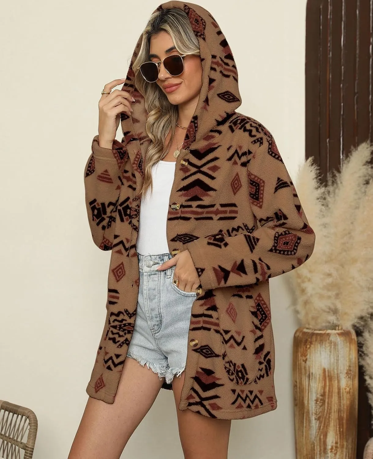 SELINK Womens Aztec Print Fleece Hoodie Jacket Button Down Shacket Casual Sherpa Coats Warm Outwear with Pockets
