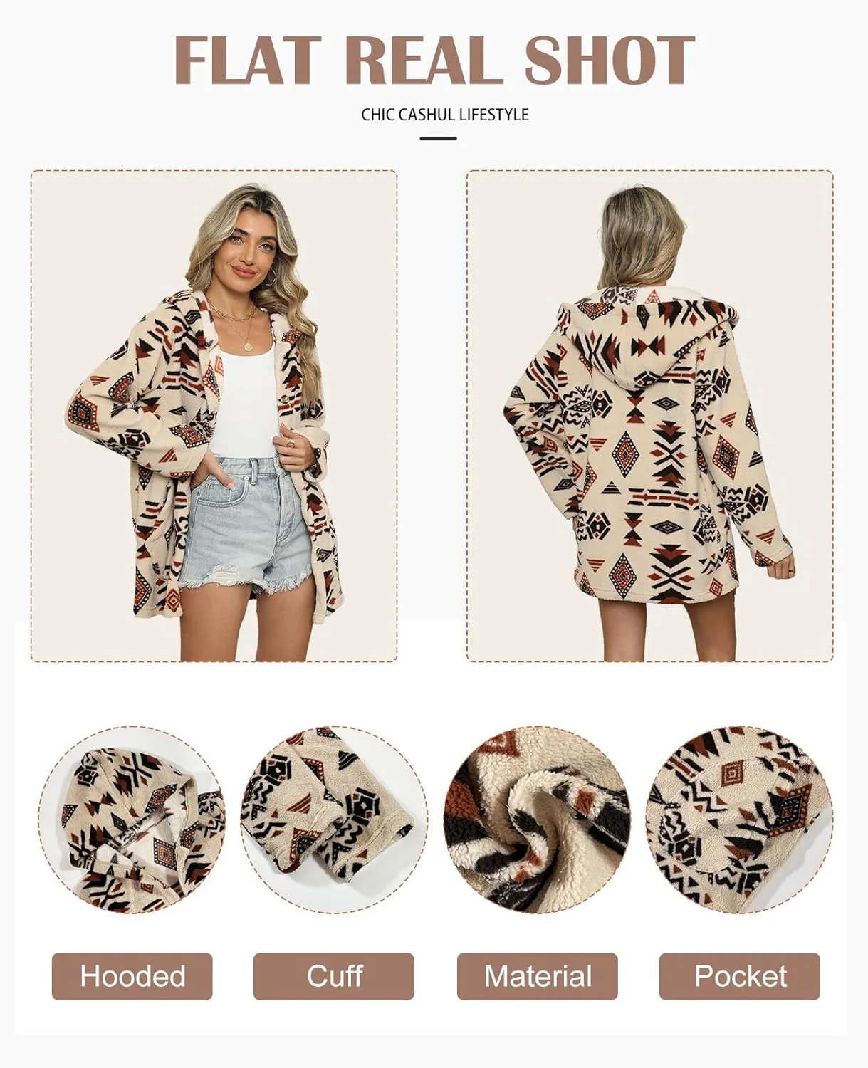 SELINK Womens Aztec Print Fleece Hoodie Jacket Button Down Shacket Casual Sherpa Coats Warm Outwear with Pockets