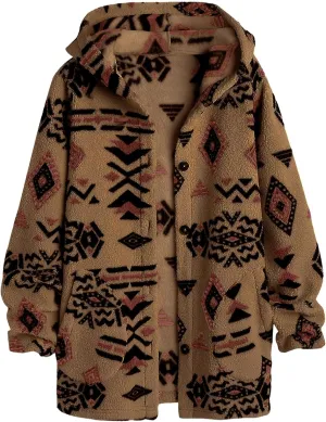 SELINK Womens Aztec Print Fleece Hoodie Jacket Button Down Shacket Casual Sherpa Coats Warm Outwear with Pockets