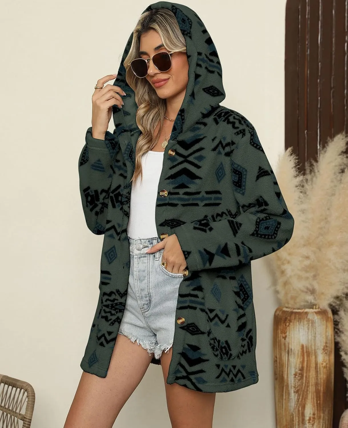 SELINK Womens Aztec Print Fleece Hoodie Jacket Button Down Shacket Casual Sherpa Coats Warm Outwear with Pockets
