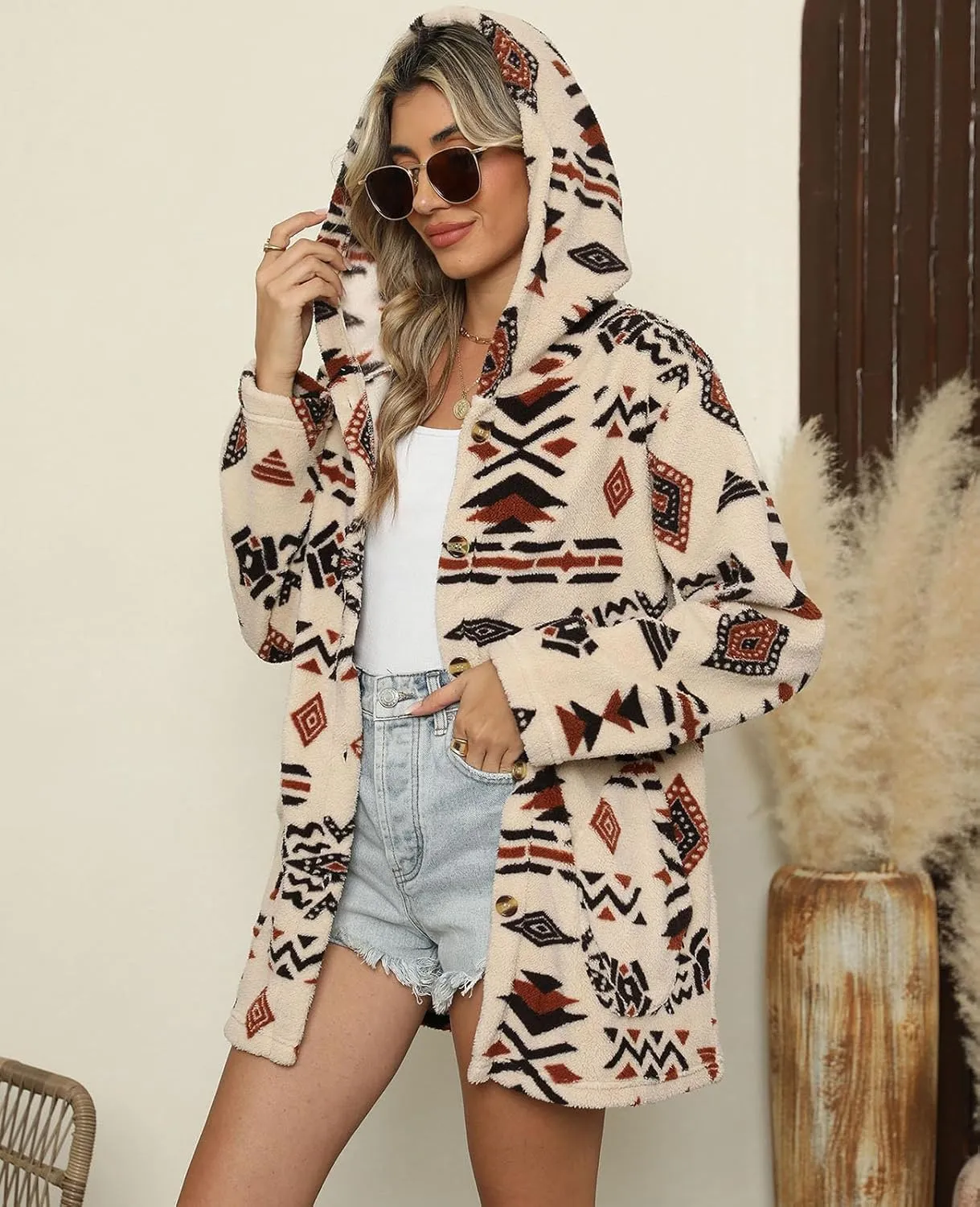 SELINK Womens Aztec Print Fleece Hoodie Jacket Button Down Shacket Casual Sherpa Coats Warm Outwear with Pockets