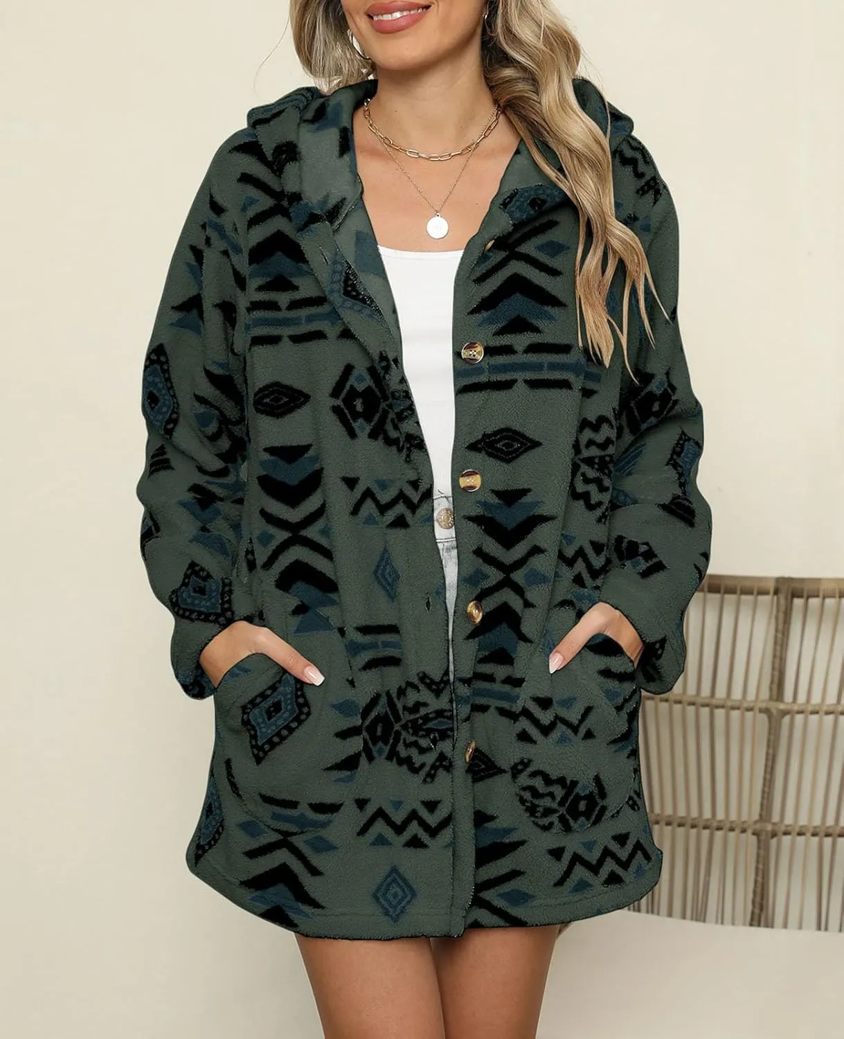 SELINK Womens Aztec Print Fleece Hoodie Jacket Button Down Shacket Casual Sherpa Coats Warm Outwear with Pockets