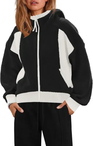 SENSERISE Womens Sherpa Jacket Zip Up Fuzzy Fleece Hoodie Oversized Long Sleeve Color Block Outerwear with Pockets