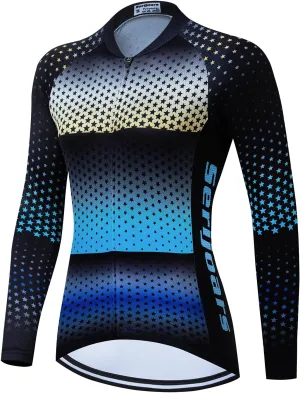 Serijoars Women's Long Sleeve Cycling Jersey MTB Shirts Quick Dry Bike Tops with Reflective Strip