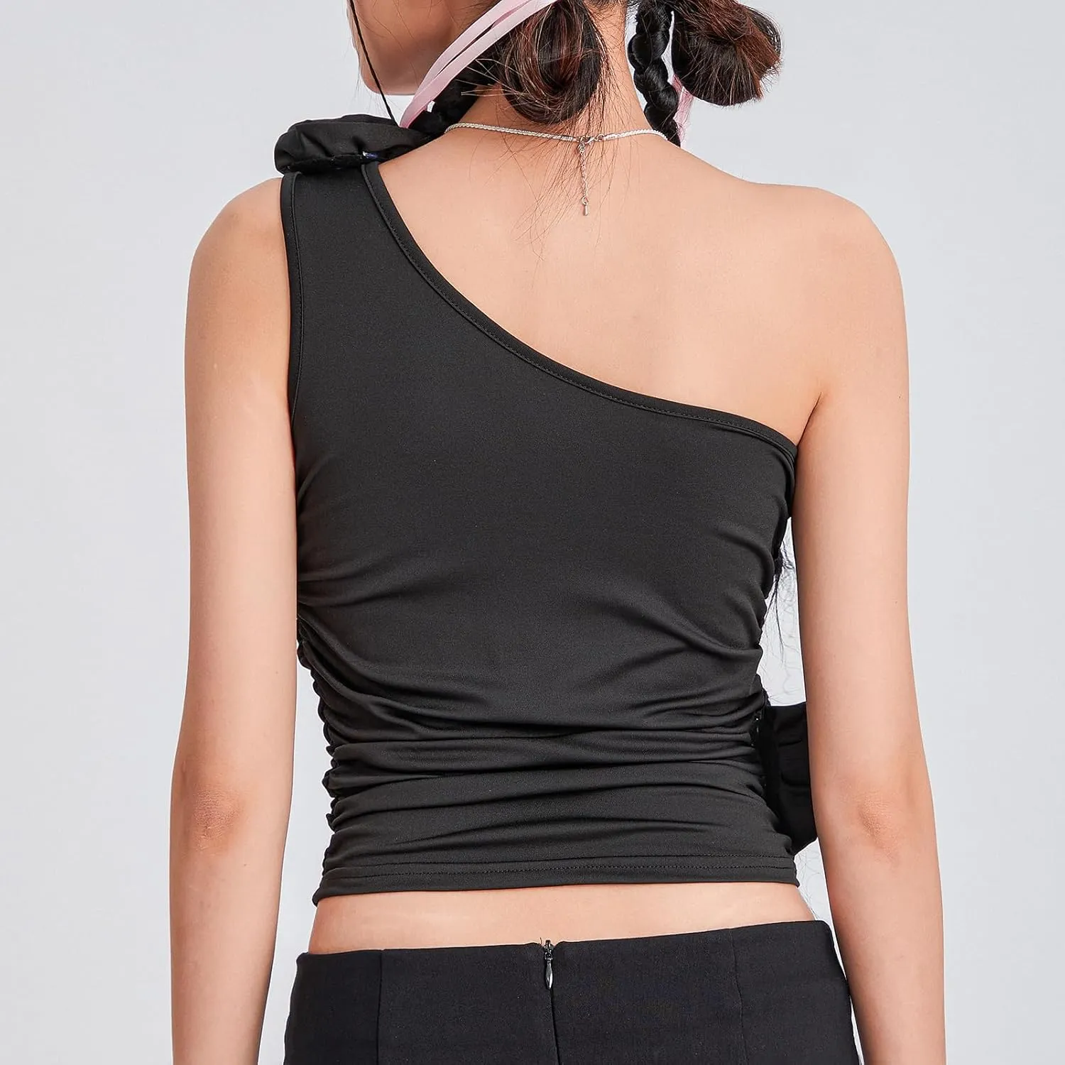 Sexy 3D Floral Tank Top for Women Y2k Ruffle Backless Ruched Camisole Top Sleeveless Halter Crop Vest Top Streetwear