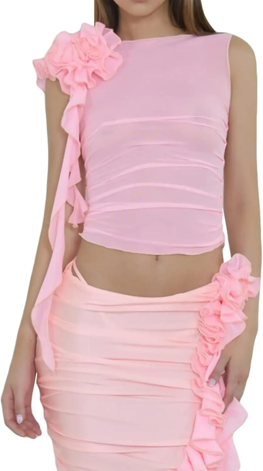 Sexy 3D Floral Tank Top for Women Y2k Ruffle Backless Ruched Camisole Top Sleeveless Halter Crop Vest Top Streetwear