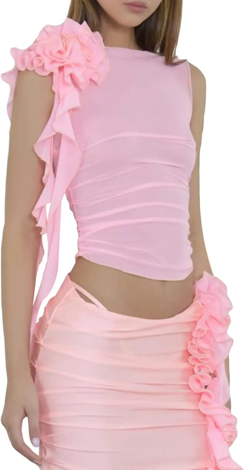 Sexy 3D Floral Tank Top for Women Y2k Ruffle Backless Ruched Camisole Top Sleeveless Halter Crop Vest Top Streetwear