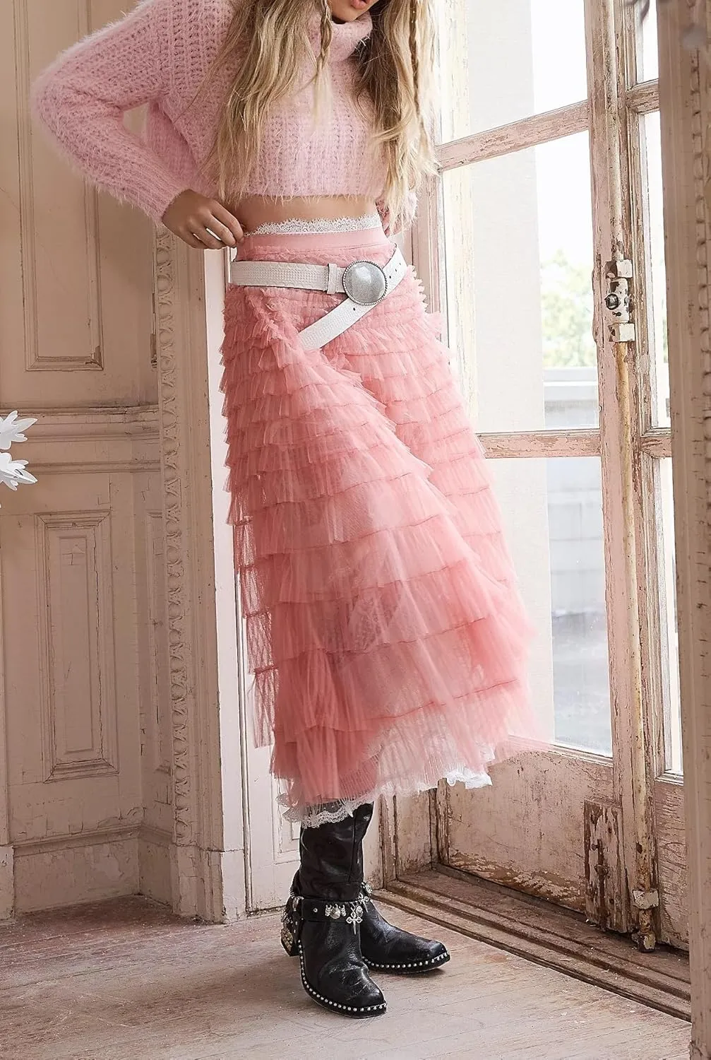Seyumixi Women Y2k Ruffle Flowy Long Skirt Elastic A Line Tiered Maxi Skirts See Through Mesh Layering Slip Underskirt