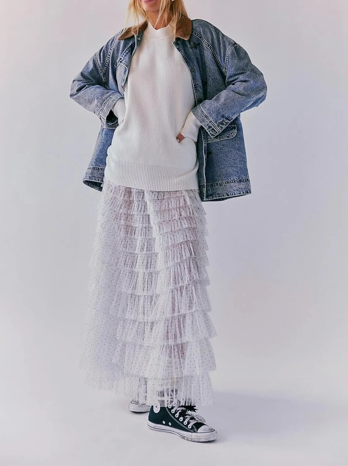 Seyumixi Women Y2k Ruffle Flowy Long Skirt Elastic A Line Tiered Maxi Skirts See Through Mesh Layering Slip Underskirt