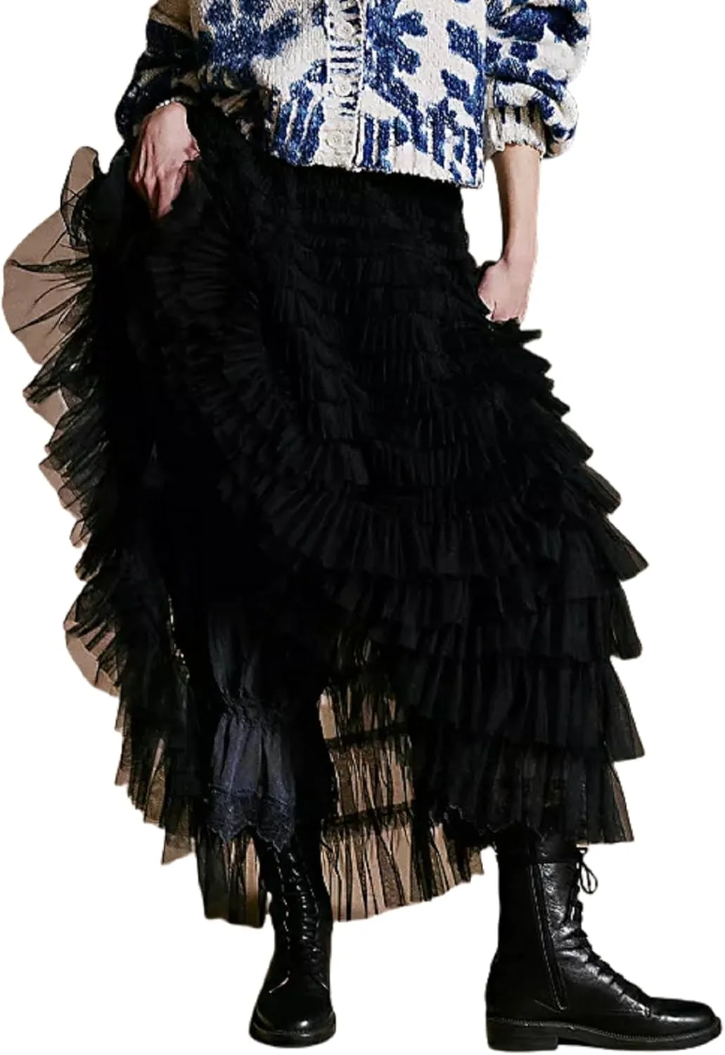 Seyumixi Women Y2k Ruffle Flowy Long Skirt Elastic A Line Tiered Maxi Skirts See Through Mesh Layering Slip Underskirt