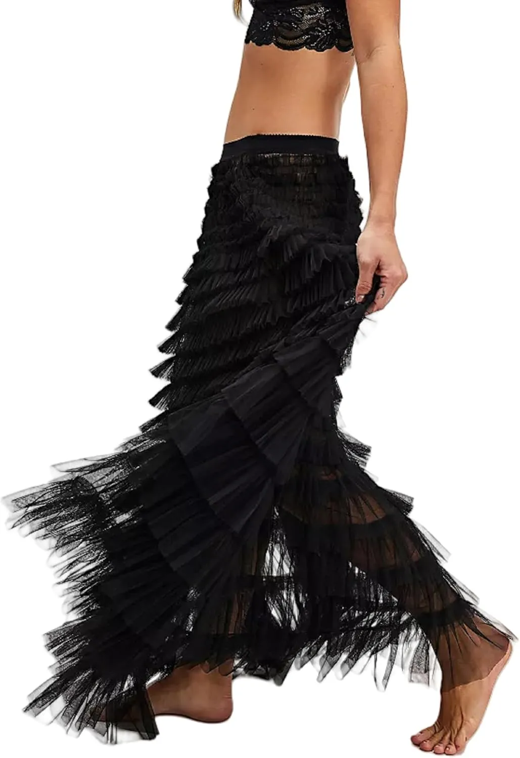 Seyumixi Women Y2k Ruffle Flowy Long Skirt Elastic A Line Tiered Maxi Skirts See Through Mesh Layering Slip Underskirt