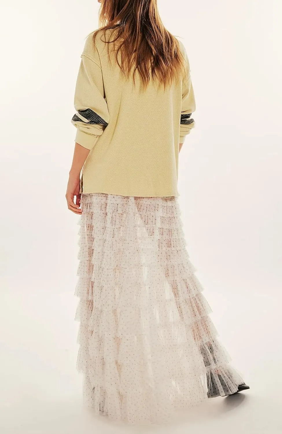 Seyumixi Women Y2k Ruffle Flowy Long Skirt Elastic A Line Tiered Maxi Skirts See Through Mesh Layering Slip Underskirt