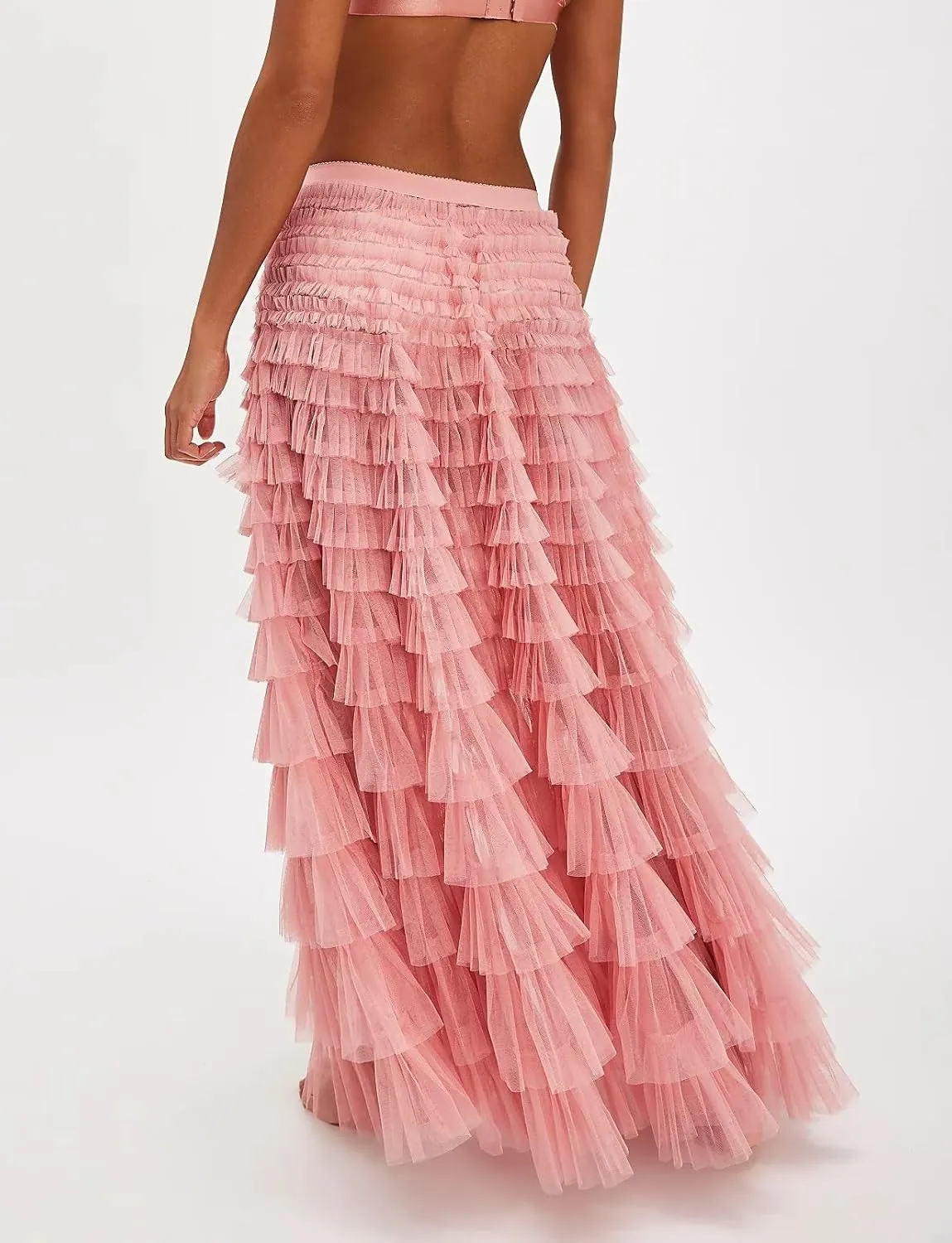 Seyumixi Women Y2k Ruffle Flowy Long Skirt Elastic A Line Tiered Maxi Skirts See Through Mesh Layering Slip Underskirt