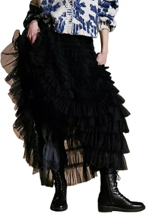 Seyumixi Women Y2k Ruffle Flowy Long Skirt Elastic A Line Tiered Maxi Skirts See Through Mesh Layering Slip Underskirt