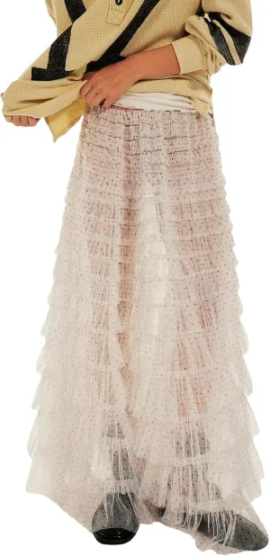 Seyumixi Women Y2k Ruffle Flowy Long Skirt Elastic A Line Tiered Maxi Skirts See Through Mesh Layering Slip Underskirt