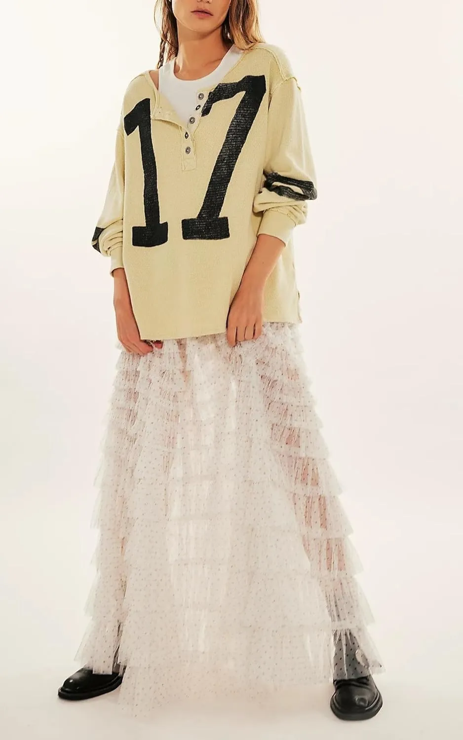 Seyumixi Women Y2k Ruffle Flowy Long Skirt Elastic A Line Tiered Maxi Skirts See Through Mesh Layering Slip Underskirt