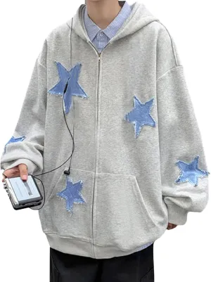 Seyurigaoka Women Y2K Star Zip Up Hoodie Retro Harajuku Oversized Gothic Hip Hop Sweatshirts Grunge Jacket Streetwear