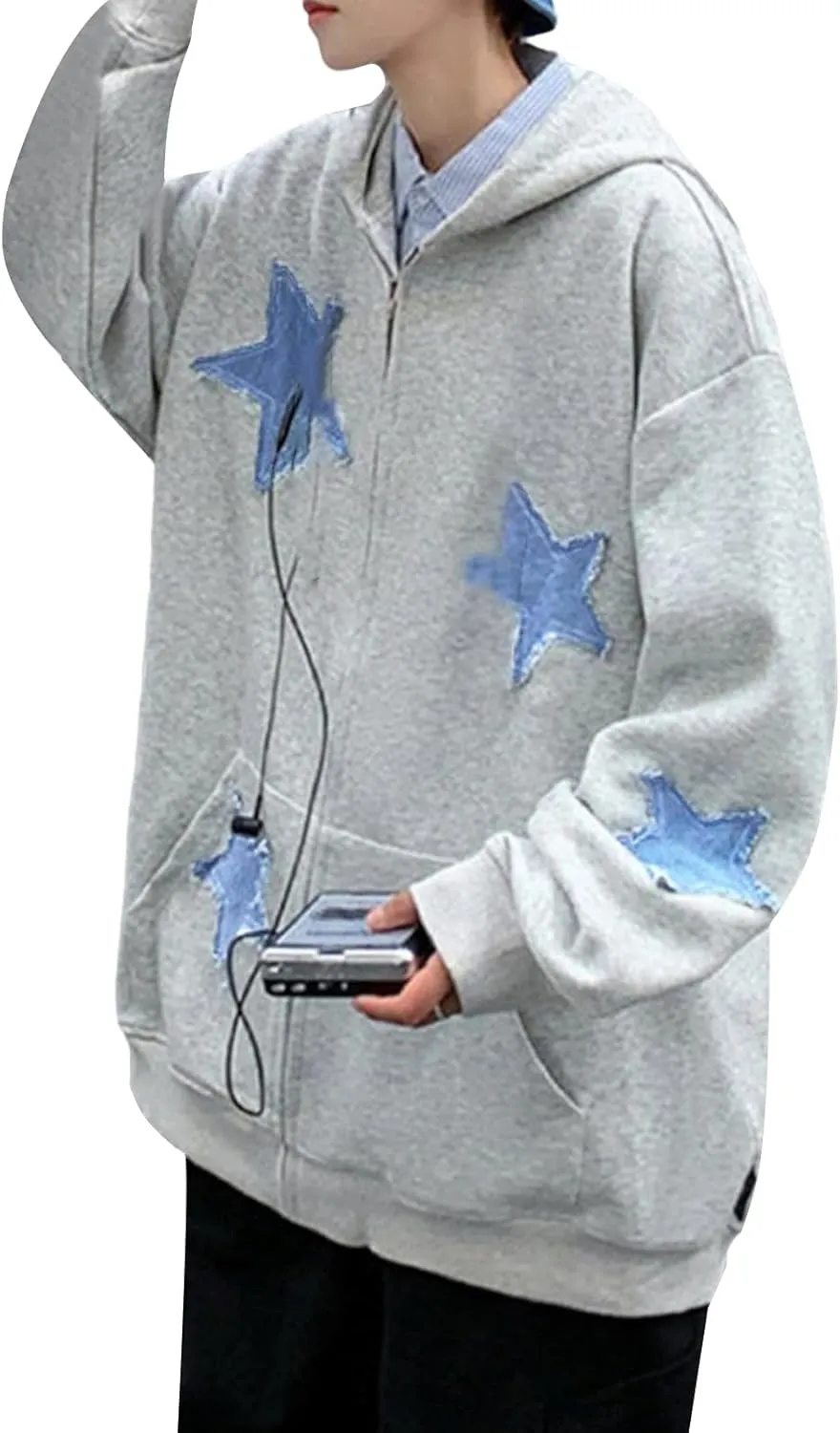 Seyurigaoka Women Y2K Star Zip Up Hoodie Retro Harajuku Oversized Gothic Hip Hop Sweatshirts Grunge Jacket Streetwear