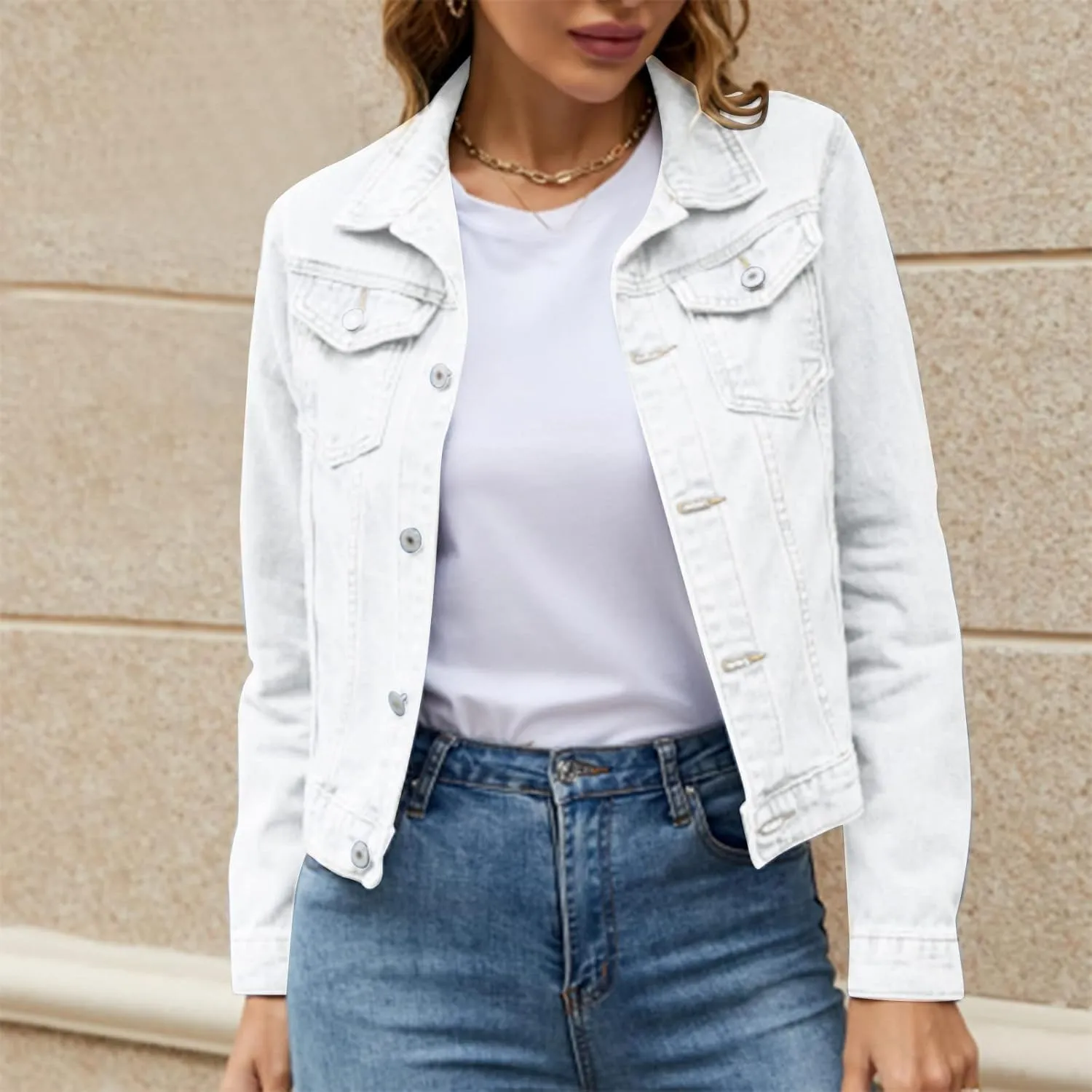 SHAOBGE Denim Duster Jacket for Women Women's Basic Solid Color Button Down Denim Cotton Jacket Stretch Jean Jackets for