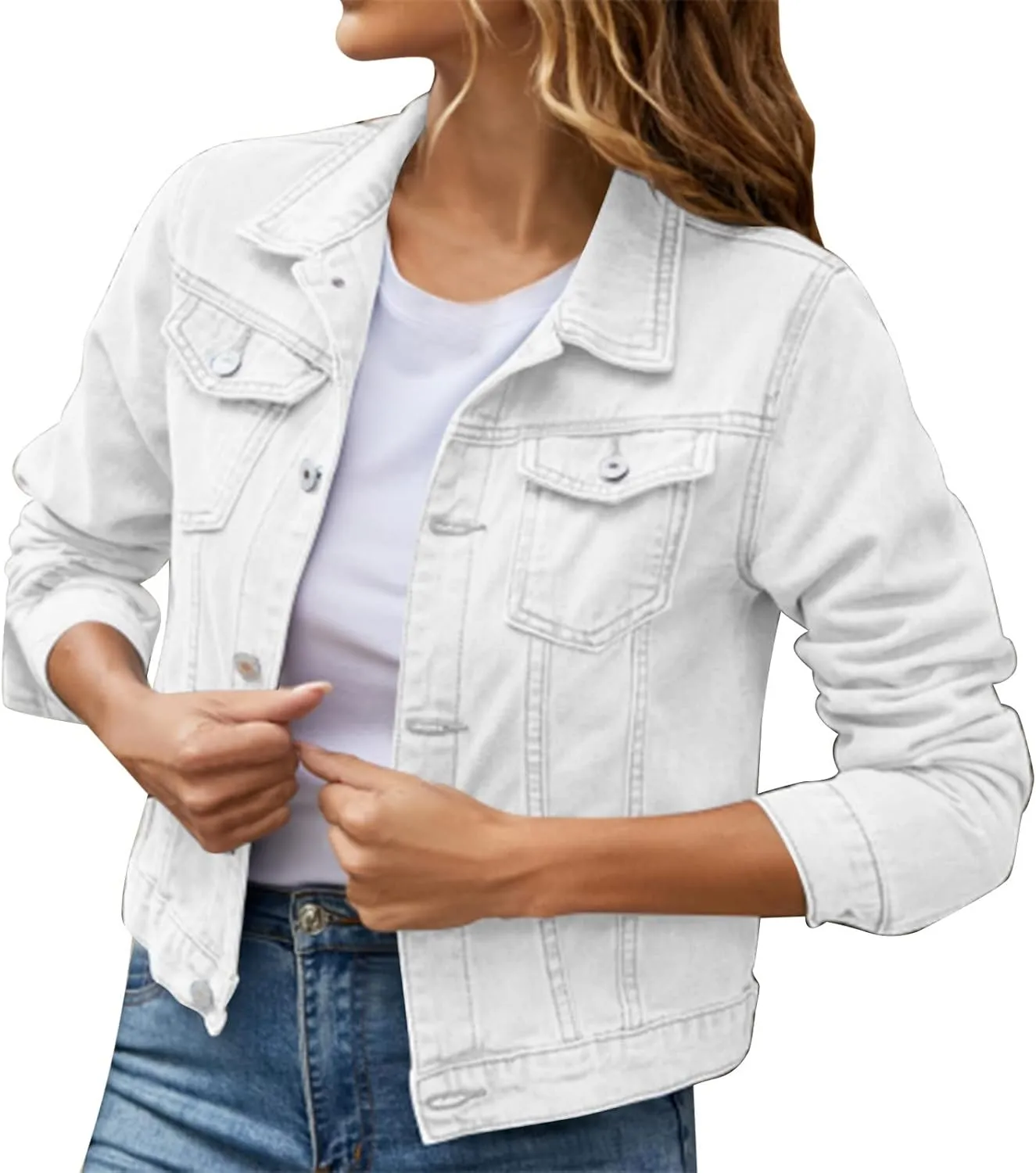 SHAOBGE Denim Duster Jacket for Women Women's Basic Solid Color Button Down Denim Cotton Jacket Stretch Jean Jackets for