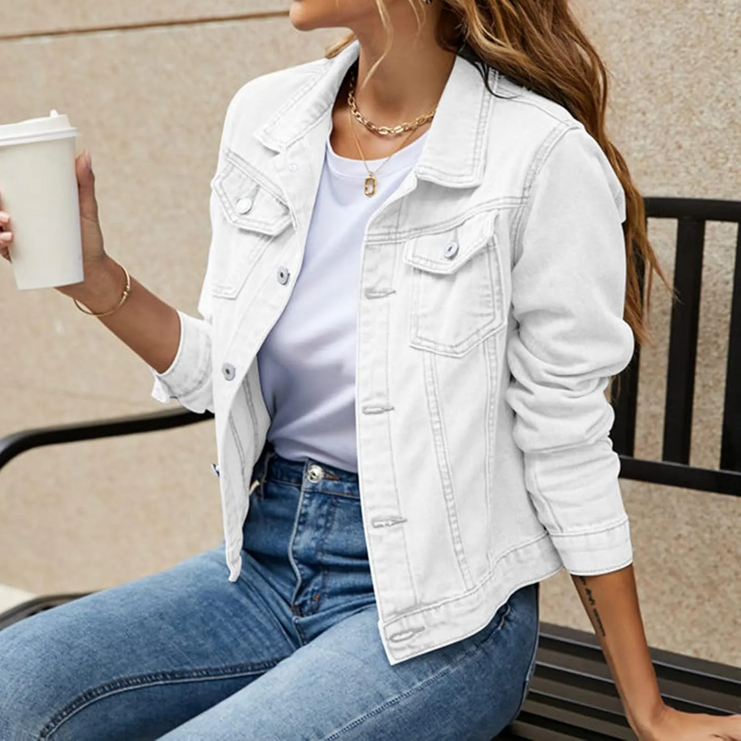 SHAOBGE Denim Duster Jacket for Women Women's Basic Solid Color Button Down Denim Cotton Jacket Stretch Jean Jackets for