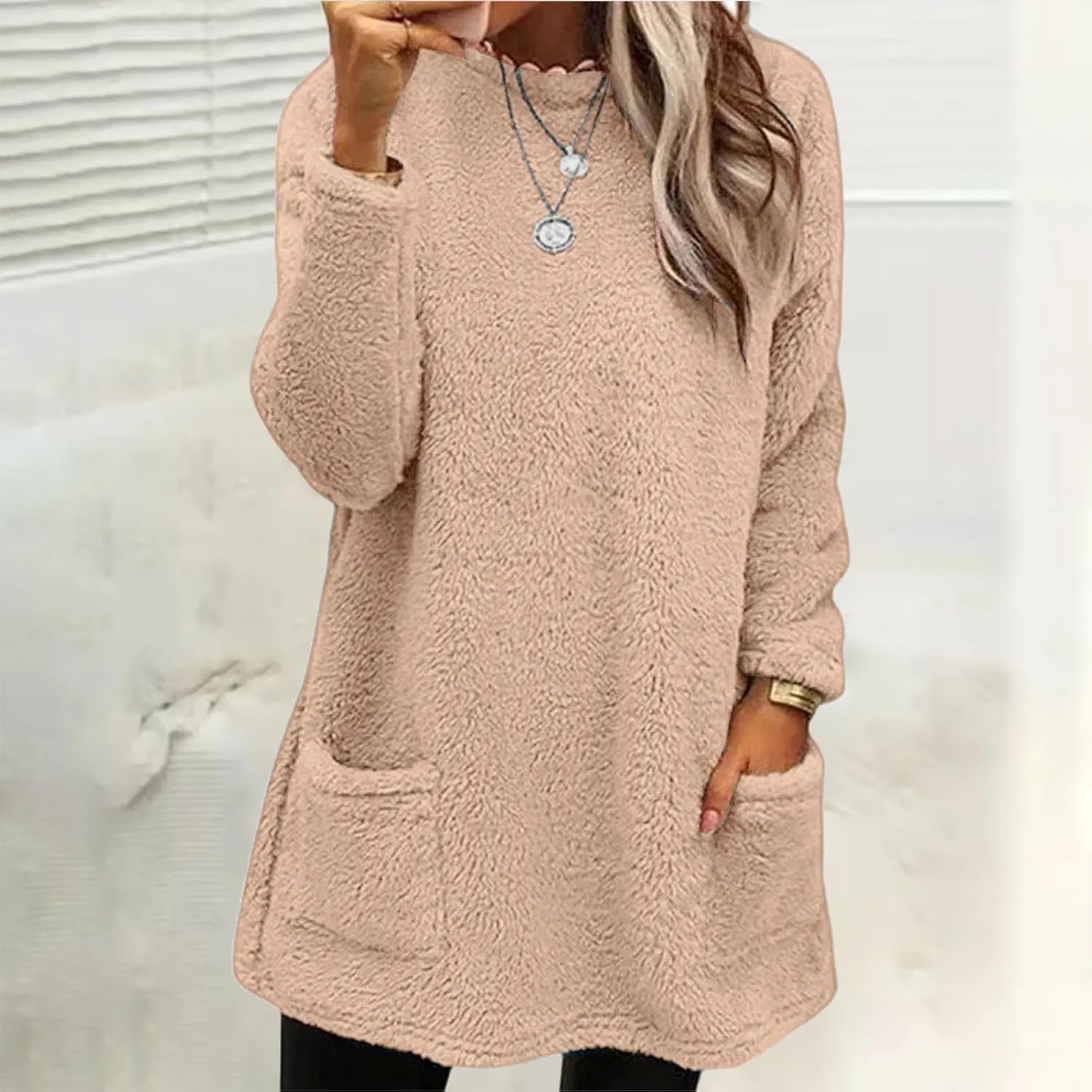 SHAOBGE Fleece Sherpa Pullover for Women Casual Crewneck Pullover Winter Warm Faux Fur Sweatshirts Loungwear Tops with Pocket