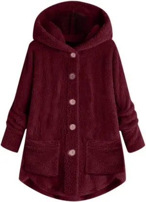 Sherpa Jacket Women Fuzzy Fleece Button Down Long Sleeve Casual Plush Cardigans Jacket Open Front Soft Hooded Coat