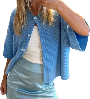Short Sleeve Cardigans for Women Lightweight Button Up Round Neck Solid Color Y2k Sweater Knitwear Tops