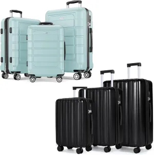 SHOWKOO Luggage Sets 100% PC & PC ABS Expandable Suitcase Sets Double Spinner Wheels TSA Lock 3pcs 3pcs Mint Green & Black