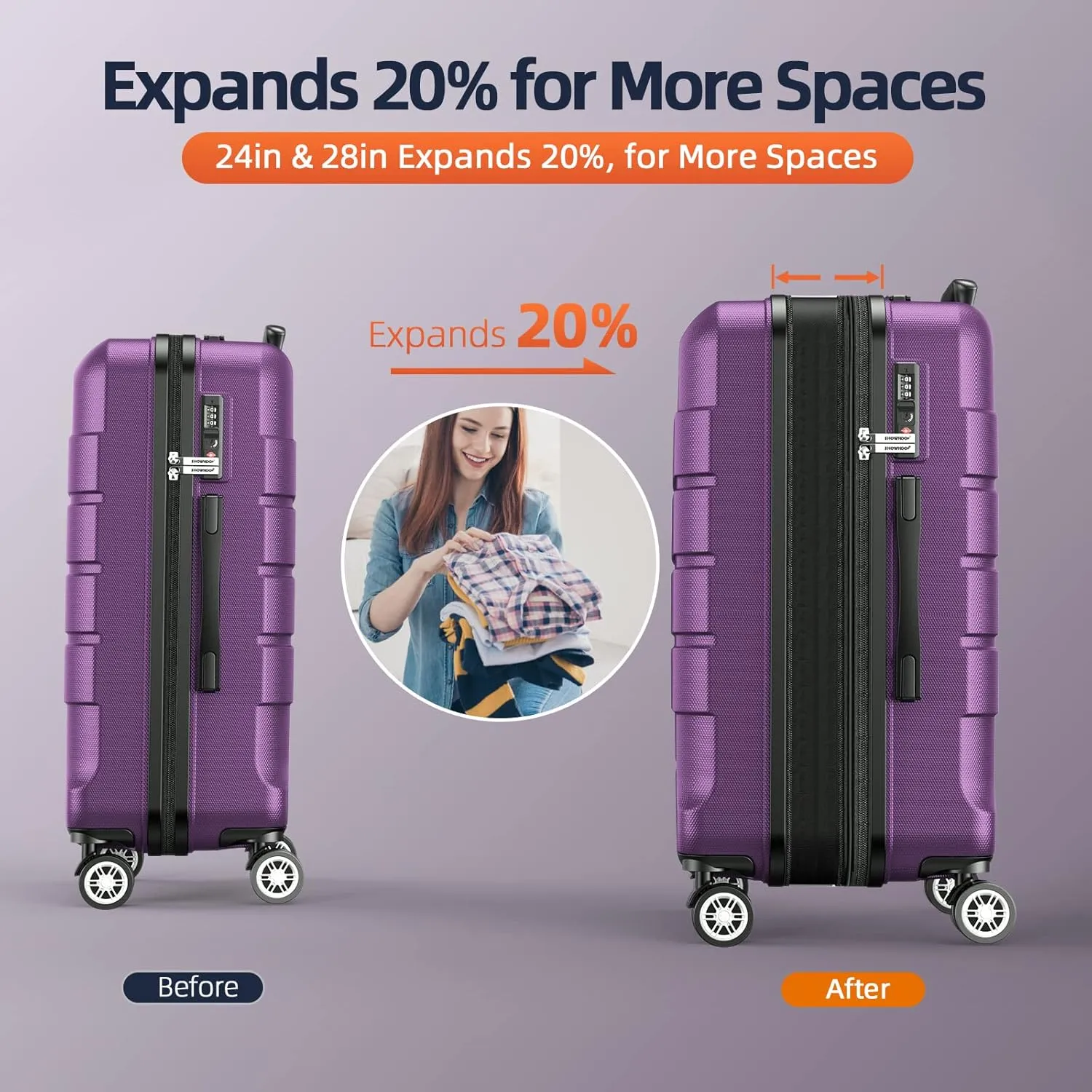 SHOWKOO Luggage Sets Expandable PC ABS Durable Suitcase Sets Double Wheels TSA Lock 4 Piece Luggage Set Purple
