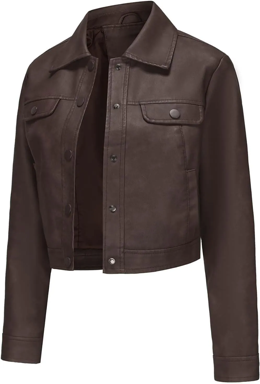 Sinzelimin Women's Crop Leather Jackets Fashion Retro Solid Color Button up Lapel Long Sleeves Streetwear Motorcycle Jacket