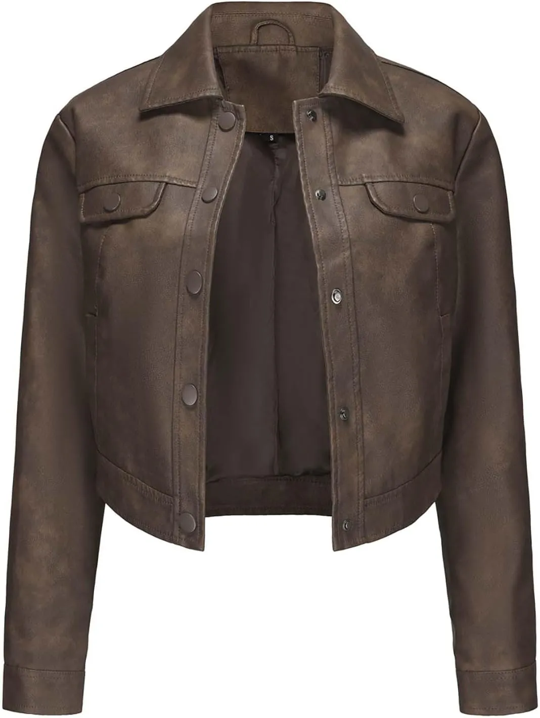 Sinzelimin Women's Crop Leather Jackets Fashion Retro Solid Color Button up Lapel Long Sleeves Streetwear Motorcycle Jacket
