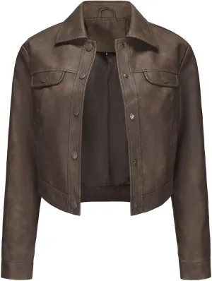 Sinzelimin Women's Crop Leather Jackets Fashion Retro Solid Color Button up Lapel Long Sleeves Streetwear Motorcycle Jacket
