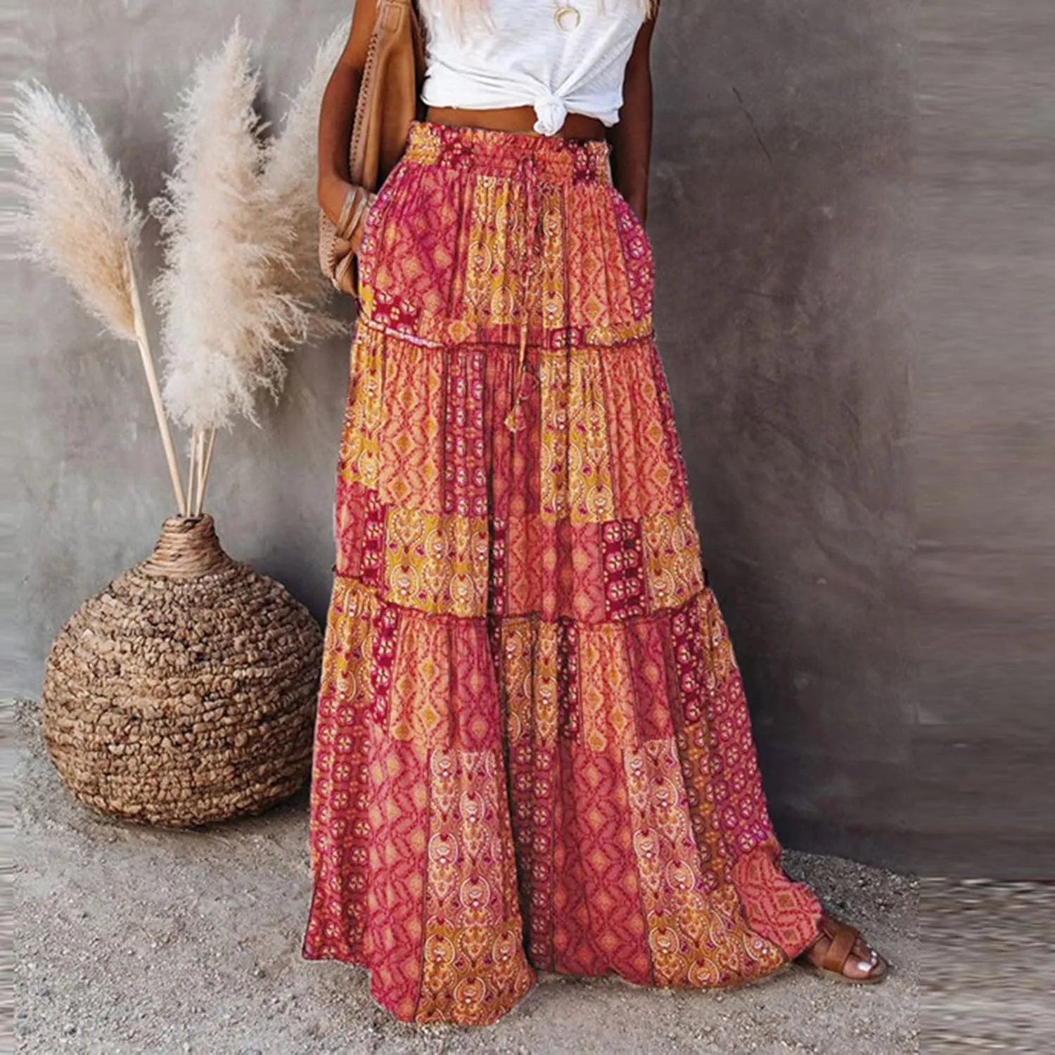 Skirts for Women 2025,Womens Floral Print Boho Maxi Skirt Summer Casual Elastic High Waisted Pleated Ruffle Flowy Skirts