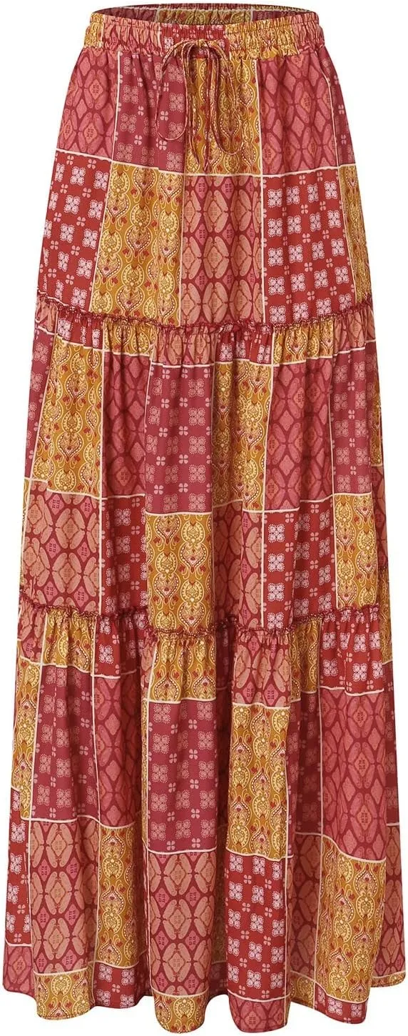 Skirts for Women 2025,Womens Floral Print Boho Maxi Skirt Summer Casual Elastic High Waisted Pleated Ruffle Flowy Skirts