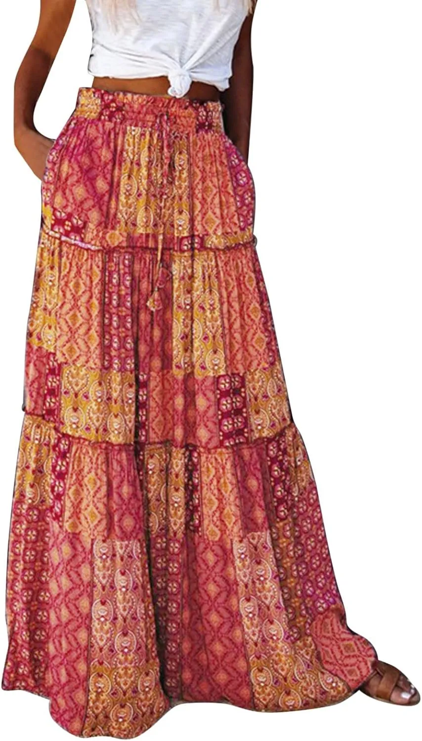 Skirts for Women 2025,Womens Floral Print Boho Maxi Skirt Summer Casual Elastic High Waisted Pleated Ruffle Flowy Skirts