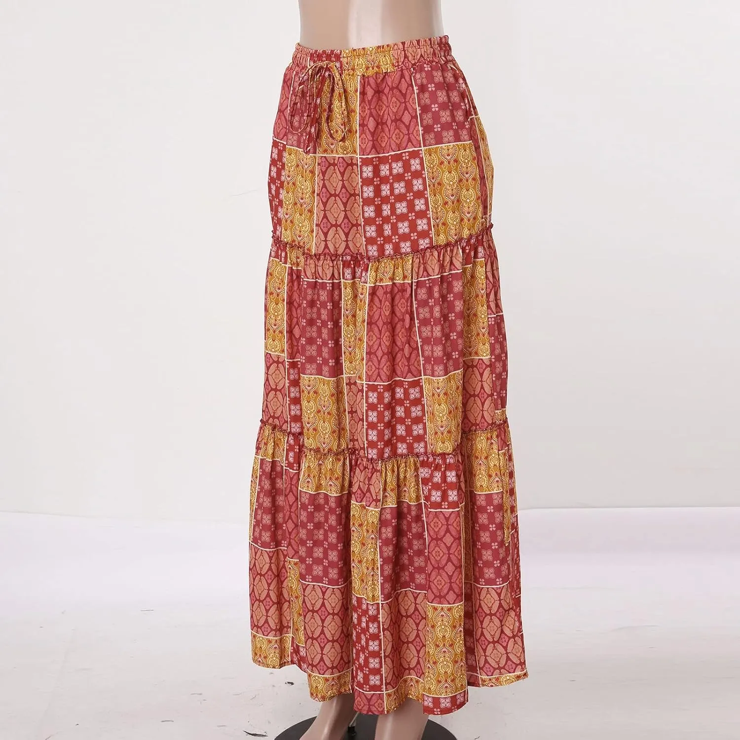Skirts for Women 2025,Womens Floral Print Boho Maxi Skirt Summer Casual Elastic High Waisted Pleated Ruffle Flowy Skirts