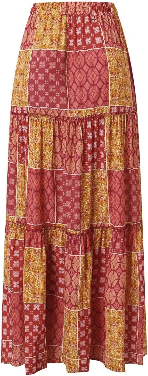 Skirts for Women 2025,Womens Floral Print Boho Maxi Skirt Summer Casual Elastic High Waisted Pleated Ruffle Flowy Skirts